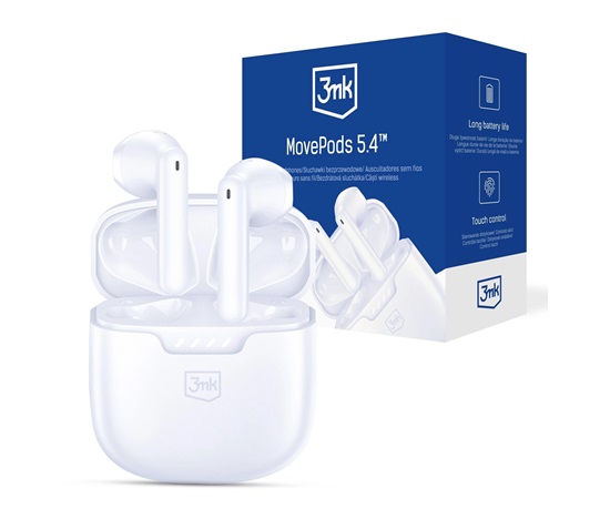 3mk bezdrátová stereo sluchátka MovePods 5.4, stereo, nabíjecí pouzdro, bílá