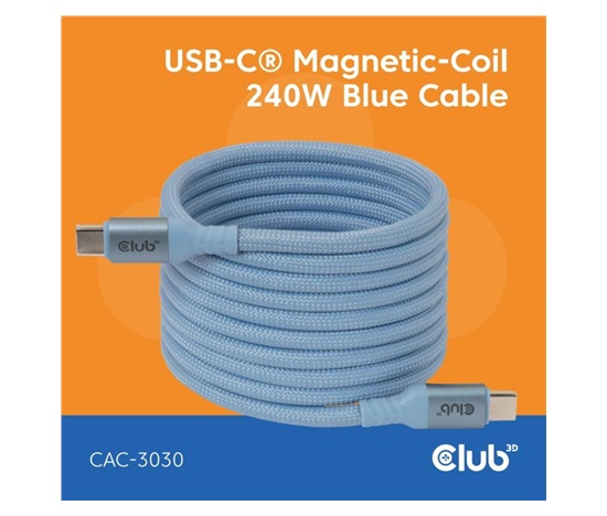 Club3D Kabel magnetický USB-C, 240W PD3.1, 480 Mbps, 2m, modrá