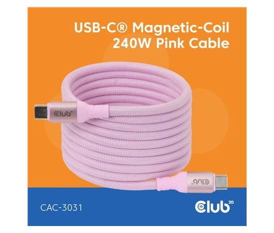 Club3D Kabel magnetický USB-C, 240W PD3.1, 480 Mbps, 2m, růžová