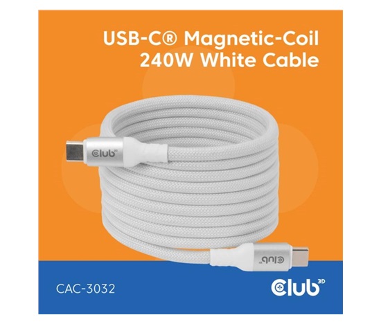 Club3D Kabel magnetický USB-C, 240W PD3.1, 480 Mbps, 2m, bílá