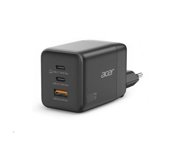 ACER Adaptér 100W GaN charger, 3porty: 2x USB-C + 1x USB-A ports, EU a UK zástrčka, textilní obal, black