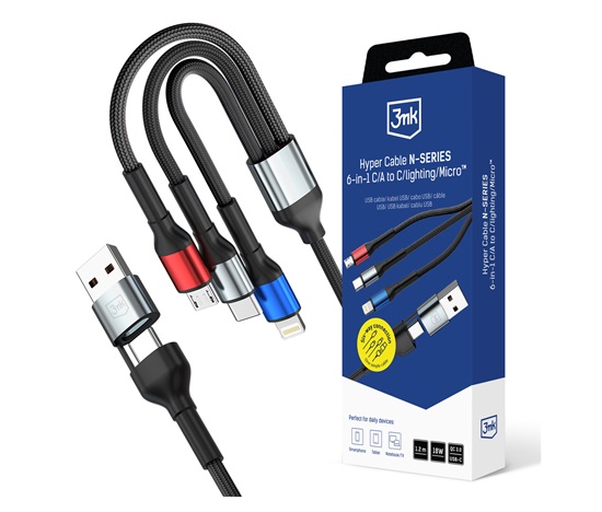 3mk kabel Hyper Cable N-SERIES 6 in 1 C/A to C/Lightning/Micro 1.2m QC 3.0 9V/2A 18W Black