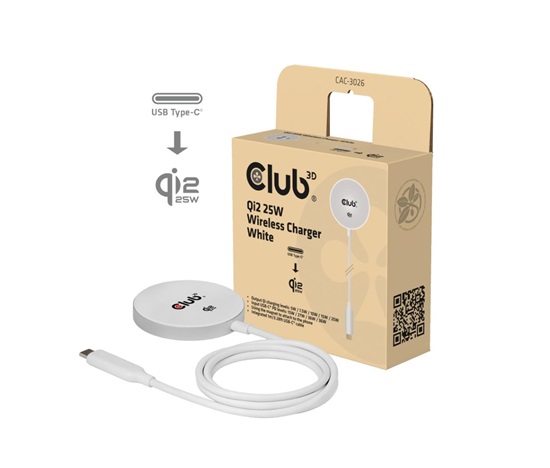 Club3D Bezdrátová nabíječka, 1x Qi2 25W, MagSafe, Qi certifikováno, bílá