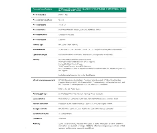 HPE PL ML350g12 6505P (2.2/12C) 1x32G (P69728) 2x4TB 4LFF MR408i-o2x1000W 1GbE NBD333 Smart Choice