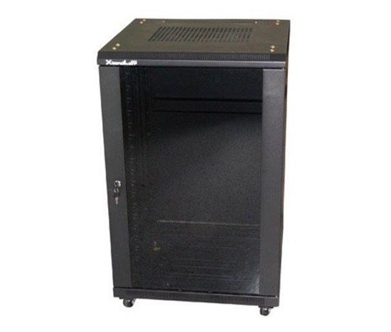 XtendLan 19" stojanový rozvaděč 27U 600x800, nosnost 800kg, skleněné dveře, plná záda, kolečka, rozložený, černý