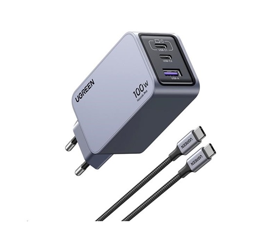 UGREEN síťová rychlonabíječka Nexode Pro 100W 3-Port, 2x USB-C, 1x USB-A, GaN, stříbrná