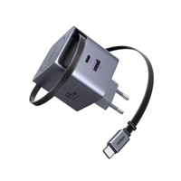 UGREEN síťová rychlonabíječka se zatahovacím kabelem 65W 3-Port, 2x USB-C, 1x USB-A, GaN, stříbrná