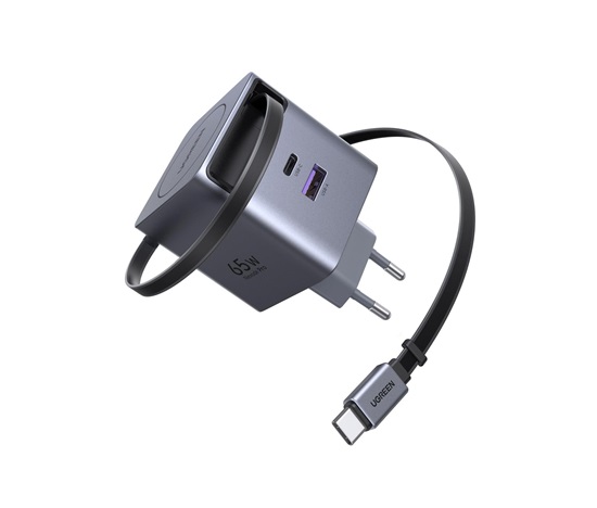 UGREEN síťová rychlonabíječka se zatahovacím kabelem 65W 3-Port, 2x USB-C, 1x USB-A, GaN, stříbrná