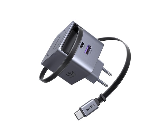 UGREEN síťová rychlonabíječka se zatahovacím kabelem 45W 3-Port, 2x USB-C, 1x USB-A, GaN, stříbrná