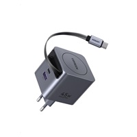 UGREEN síťová rychlonabíječka se zatahovacím kabelem 45W 3-Port, 2x USB-C, 1x USB-A, GaN, stříbrná