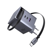 UGREEN síťová rychlonabíječka se zatahovacím kabelem 100W 3-Port, 2x USB-C, 1x USB-A, GaN, stříbrná