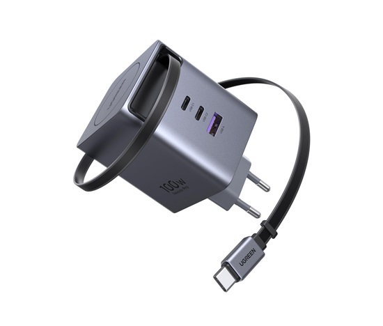 UGREEN síťová rychlonabíječka se zatahovacím kabelem 100W 3-Port, 2x USB-C, 1x USB-A, GaN, stříbrná