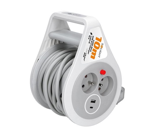 Solight prodlužovací přívod na bubnu 10m, USB A+C, 2 zásuvky, šedý kabel, 3x 1,0mm2