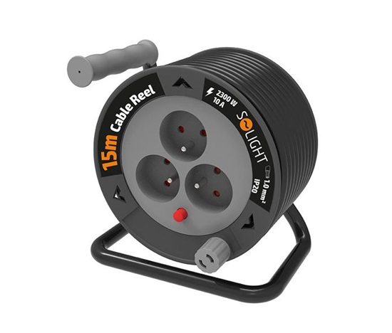 Solight prodlužovací přívod na bubnu 15m, 3 zásuvky, černý kabel, 3x 1,0mm2
