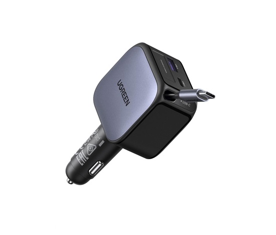 UGREEN rychlonabíječka do auta se zatahovacím kabelem 145W 3-Port, 2x USB-C,1x USB-A, GaN, stříbrná