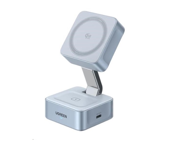 UGREEN magnetická bezdrátová nabíječka 2v1 MagFlow Qi2.2, 25W, MagSafe, stříbrná