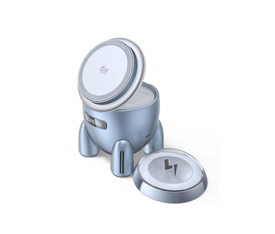 UGREEN magnetická bezdrátová nabíječka 2v1 MagFlow Qi2.2, 25W, MagSafe, raketa, stříbrná
