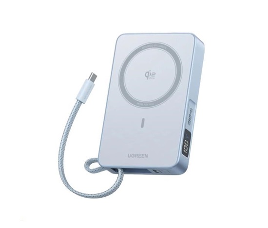 UGREEN magnetická powerbanka MagFlow 10000mAh s diplejem, Li-ion, 30W, MagSafe, 2x USB-C, stříbrná