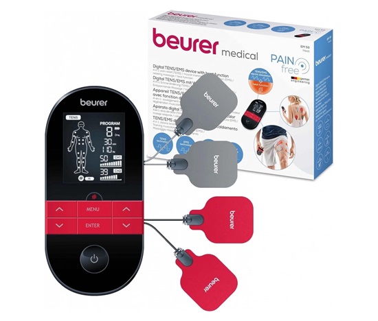 Beurer EM 59 elektrostimulátor 3v1, TENS/EMS technologie, funkce vyhřívání, 4 gelové elektrody, 2 nezávislé kanály