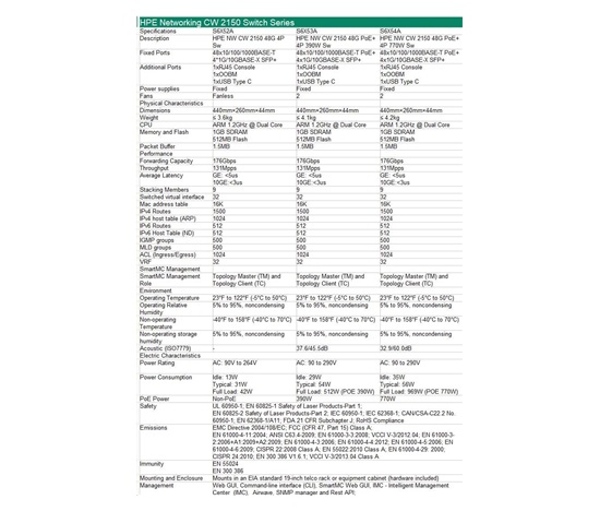 HPE Networking CW 2150 48p 10M/100M/1G PoE+ 4p SFP+ 1G/10G 770W Switch