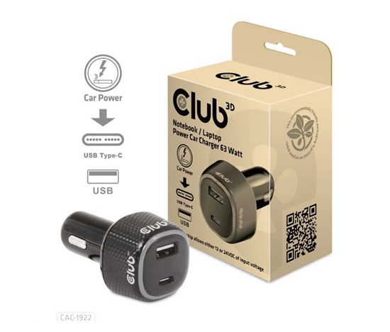 BAZAR - Club3D Auto nabíječka pro Notebooky 63W, 2 porty (USB-A + USB-C) - Poškozený obal (Náhradní krabice)