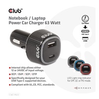 BAZAR - Club3D Auto nabíječka pro Notebooky 63W, 2 porty (USB-A + USB-C) - Poškozený obal (Náhradní krabice)