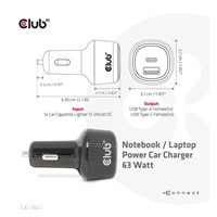 BAZAR - Club3D Auto nabíječka pro Notebooky 63W, 2 porty (USB-A + USB-C) - Poškozený obal (Náhradní krabice)