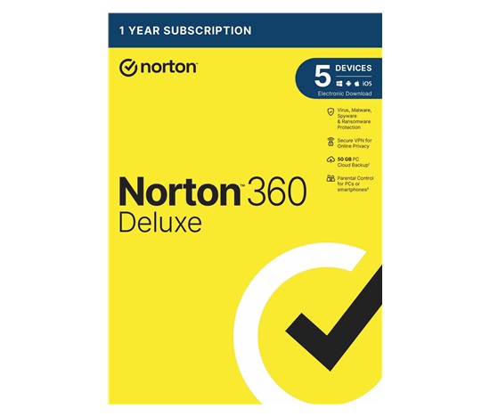 NORTON 360 DELUXE 50GB +VPN 1 uživatel pro 5 zařízení na 1 rok - ESD 1+1 (50%)