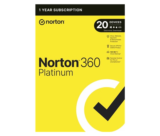 NORTON 360 PLATINUM 100GB +VPN 1 uživatel pro 20 zařízení na 1 rok ESD 1+1 (50%)