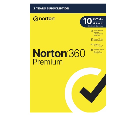 NORTON 360 PREMIUM 75GB +VPN 1 uživatel pro 10 zařízení na 3 roky ESD 1+1 (50%)