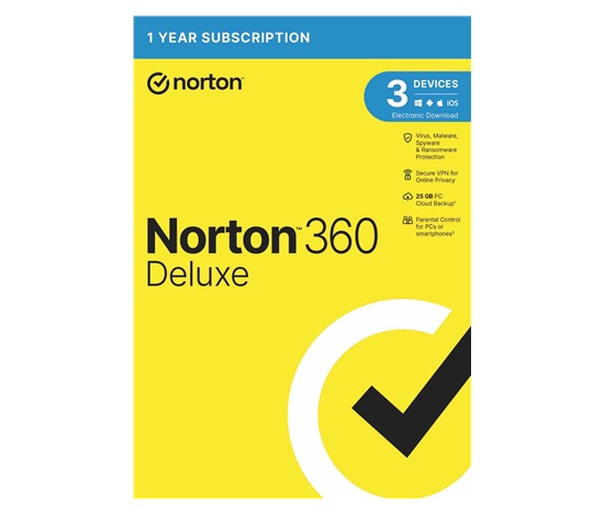 NORTON 360 DELUXE 25GB +VPN 1 uživatel pro 3 zařízení na 1 rok ESD 1+1 (50%)
