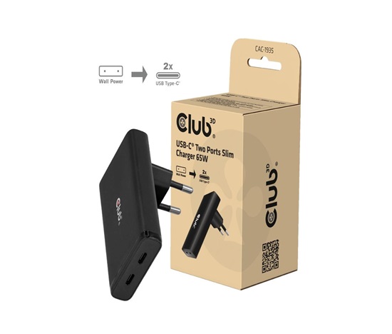Club3D cestovní nabíječka 65W GAN Technologie, 2 porty (2xUSB-C), PPS, PD 3.1