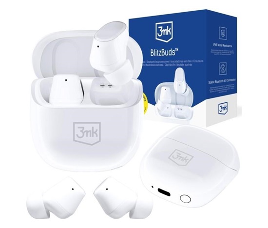 3mk Bezdrátová stereo sluchátka BlitzBuds white, nabíjecí pouzdro, bílá