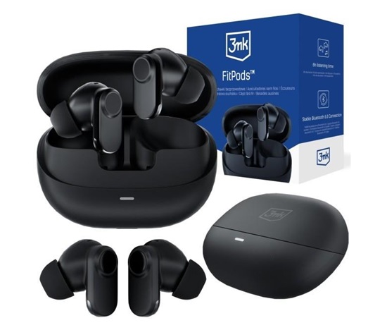 3mk Bezdrátová stereo sluchátka FitPods black, nabíjecí pouzdro, černá