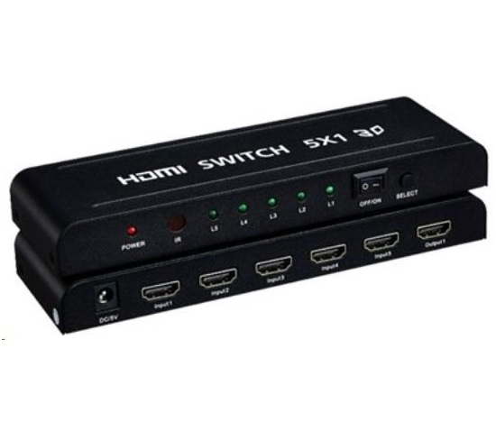 BAZAR - PREMIUMCORD HDMI switch 5:1 kovový s dálkovým ovladačem a napájecím adaptérem - Poškozený obal (Komplet)