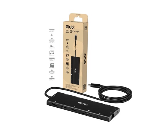 Club3D hub USB-C, 12-in-1 hub s 3xHDMI, 1xUSB-C PD, 2x USB-C, 2xUSB, 1x3.5mm jack, RJ45, microSD/SD, 100W, 1m kabel