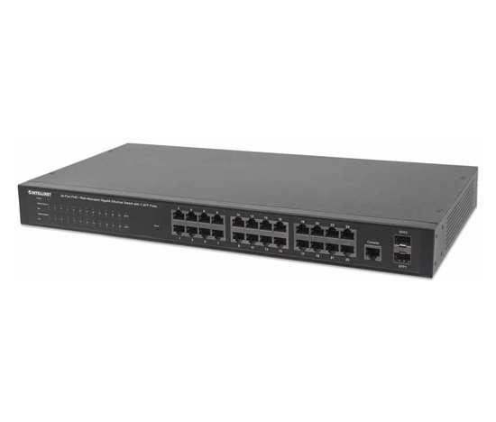 Intellinet 24-Port PoE Web-Managed Gigabit Switch with 2 SFP Ports (180 W), 24 PoE+/PoE ports 802.3at/af