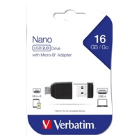 VERBATIM Flash Disk 16GB Store ‘n‘ Stay NANO + micro USB OTG adaptér, USB 2.0, černá