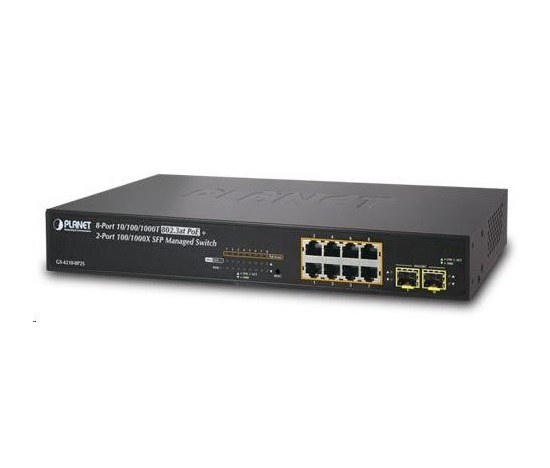 Planet GS-4210-8P2S PoE+ switch 8x 10/100/1000Base-T, 2x SFP, 802.3at do 120W, VLAN, SNMP/WEB