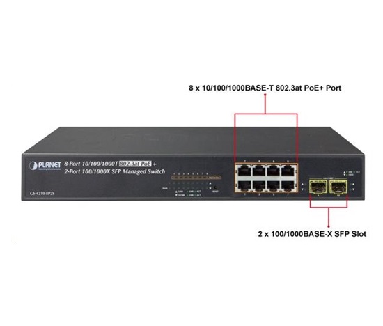 Planet GS-4210-8P2S PoE+ switch 8x 10/100/1000Base-T, 2x SFP 