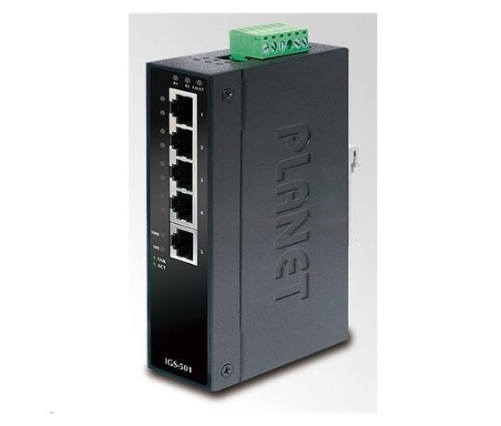 Planet switch IGS-501T, průmysl.verze 5x10/100/1000, DIN, IP30, -40 až 75°C, 12-48V, ESD+EFT