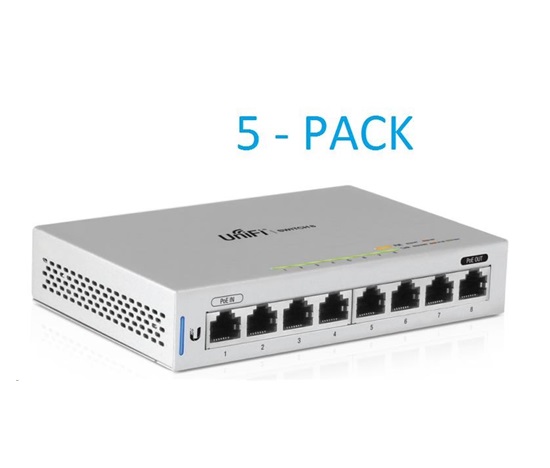 UBNT UniFi Switch US-8, 5-PACK, bez napájecích adaptérů! [8xGigabit, 1xPoE in, 1xPoE out, non-blocking 8Gbps]