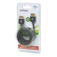 MANHATTAN Ultra-thin High Speed HDMI Cable with Ethernet, HEC, ARC, 3D, 4K, HDMI Male to Male, Shielded, Black, 1,8m