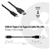 Club3D Kabel USB 3.1 typ C na USB 3.1 typ A, 10Gbps Power Delivery 60W (M/M), 1m