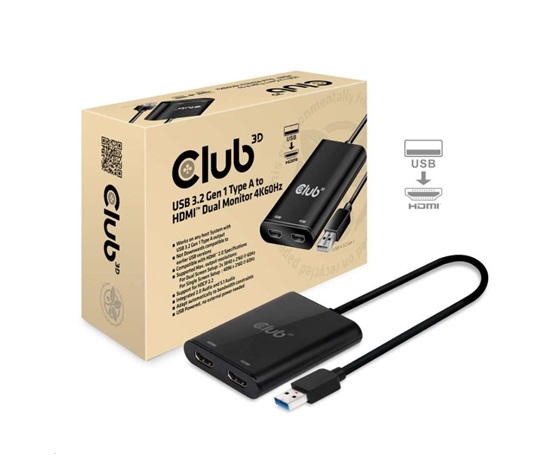 Club3D Adaptér USB A na 2xHDMI 2.0 Dual Monitor 4K 60Hz (M/F)