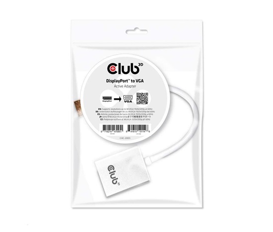 Club3D DISPLAY PORT 1.1A MALE TO VGA FEMALE ACTIVE ADAPTER