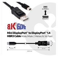 Club3D Adaptér mini DisplayPort 1.4 na DisplayPort 1.4, HBR3 8K60Hz/4K120Hz (M/M), 2m