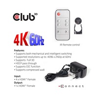 Club3D Video switch 4:1 HDMI 2.0 4K60Hz UHD, 4 porty