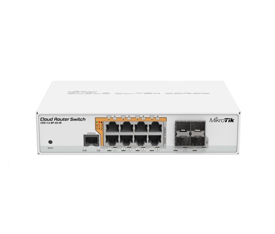 MikroTik Cloud Router Switch CRS112-8P-4S-IN, 400MHz CPU, 128MB RAM, 8xLAN, PoE max. 67W, 4xSFP slot, vč. L5 licence